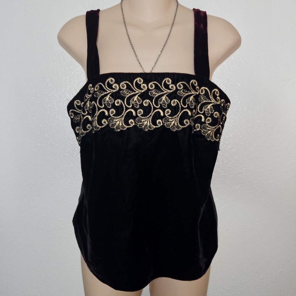 Lucie Ann II Black Velvet Gold Embroidered‎ Square Neck Tank Top